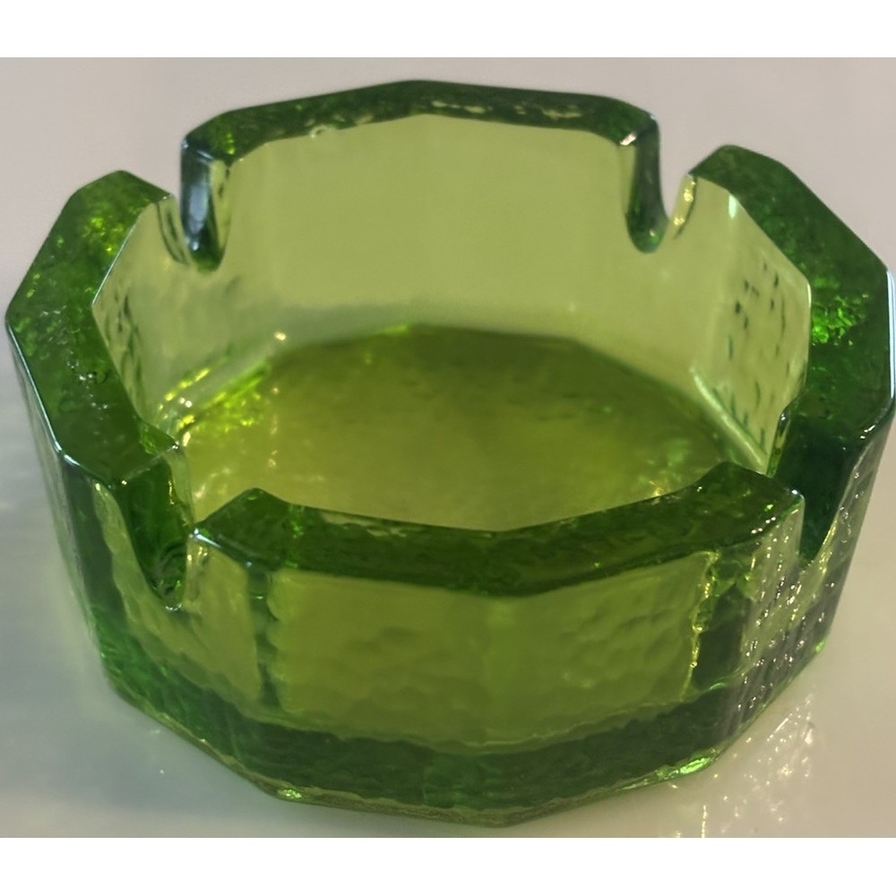 Vintage BLENKO Green Art Glass Ashtray Heavy Mid Century Modern 4" Pebbled